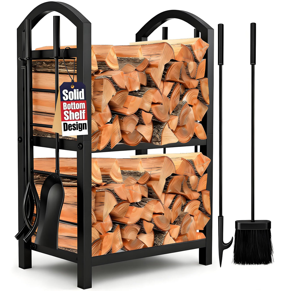 AMAGABELI GARDEN & HOME front view of log rack showing organized storage and neat hearth