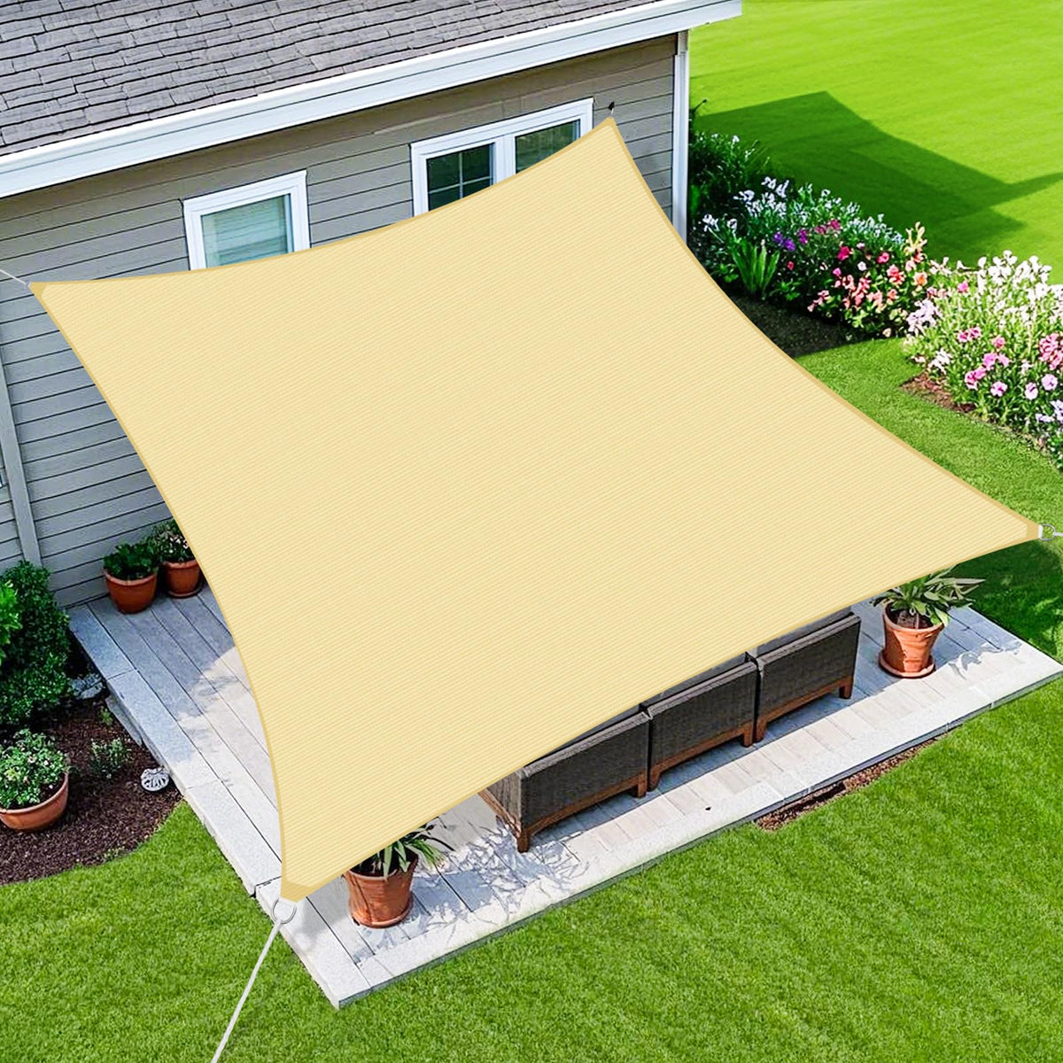 Amagenix front view 12x16 beige shade sail showing full coverage benefit