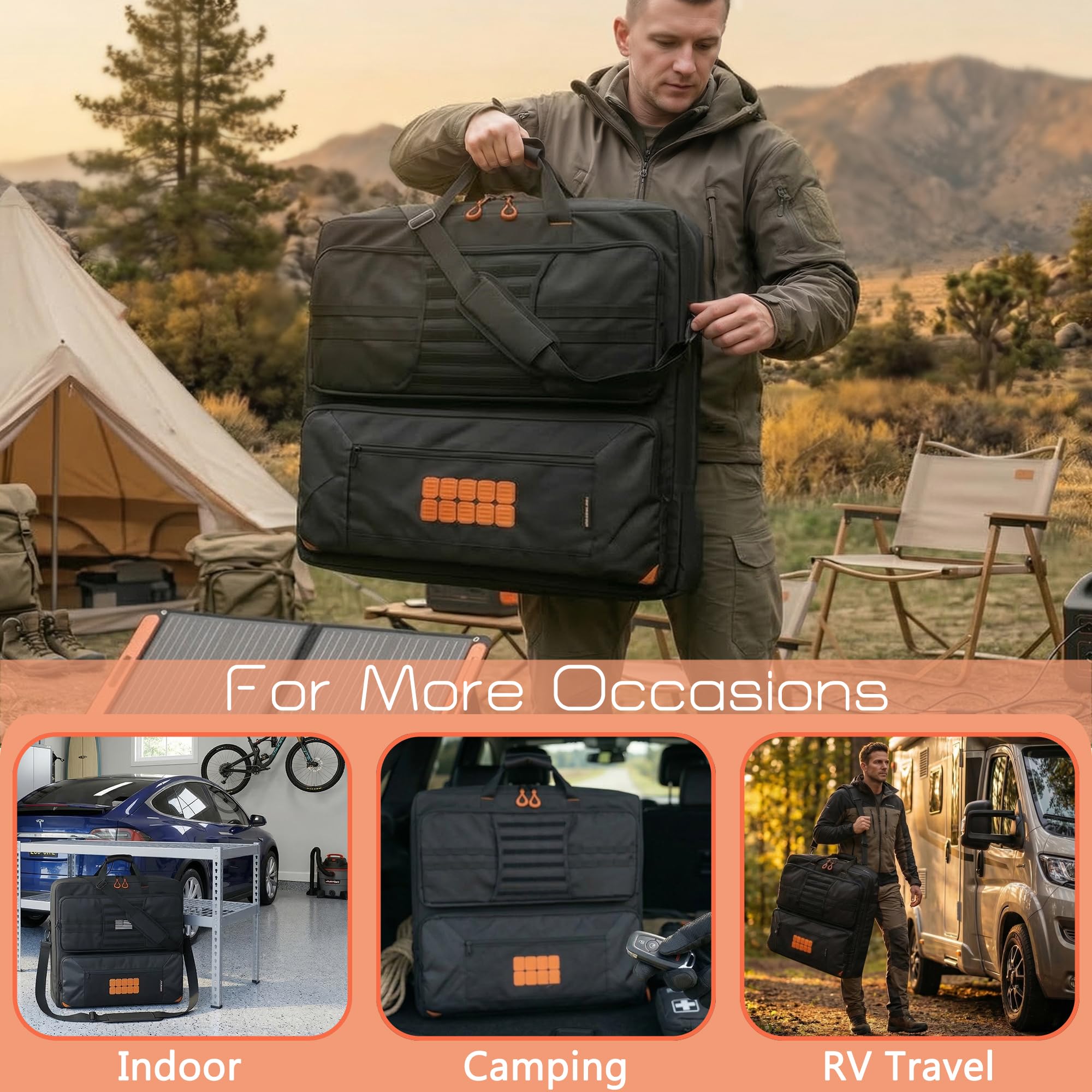 Amazing Fair carrying case at a campsite with panels deployed and ready