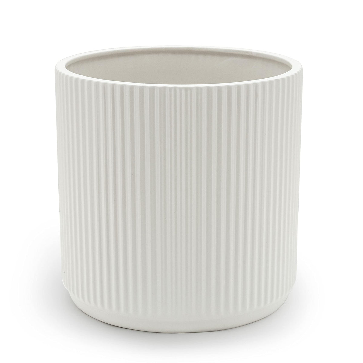 Amazon Basics front view of white fluted ceramic planter showing modern style and stability