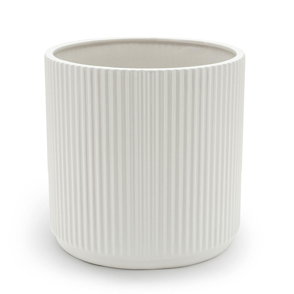 Amazon Basics front view of white fluted ceramic planter showing clean modern look and elegance