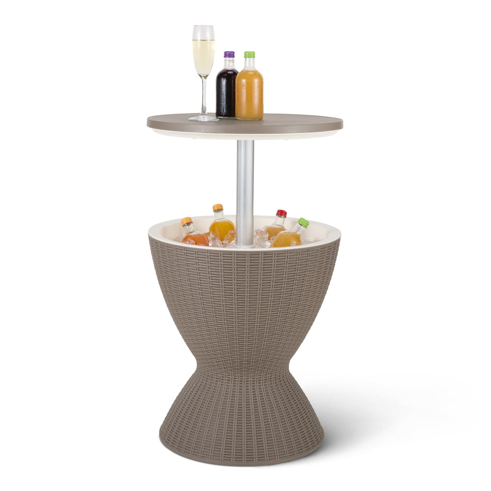 Amazon Basics front view of patio cooler table showing compact outdoor bar