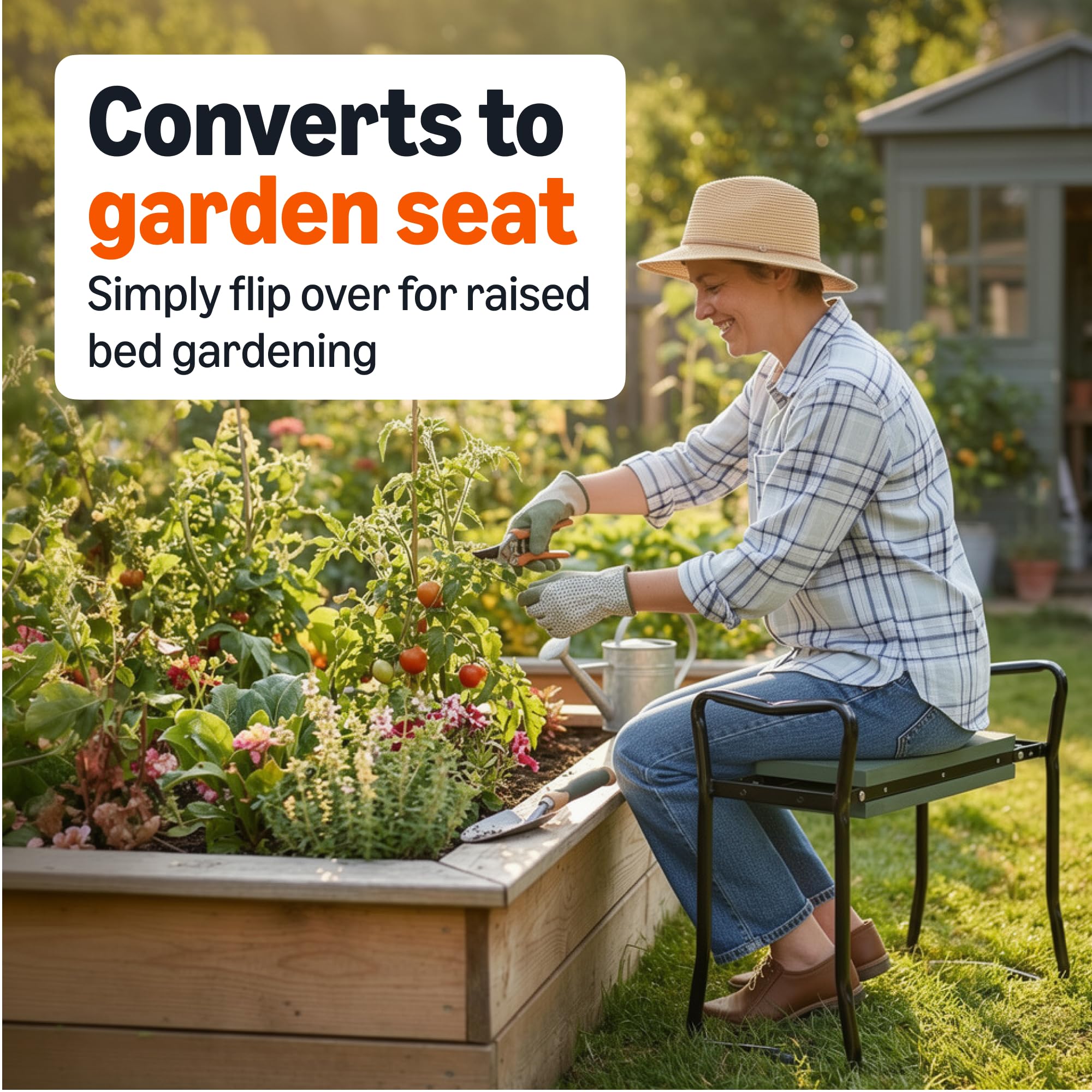 Amazon Basics garden stool in use while kneeling showing reduced knee pressure