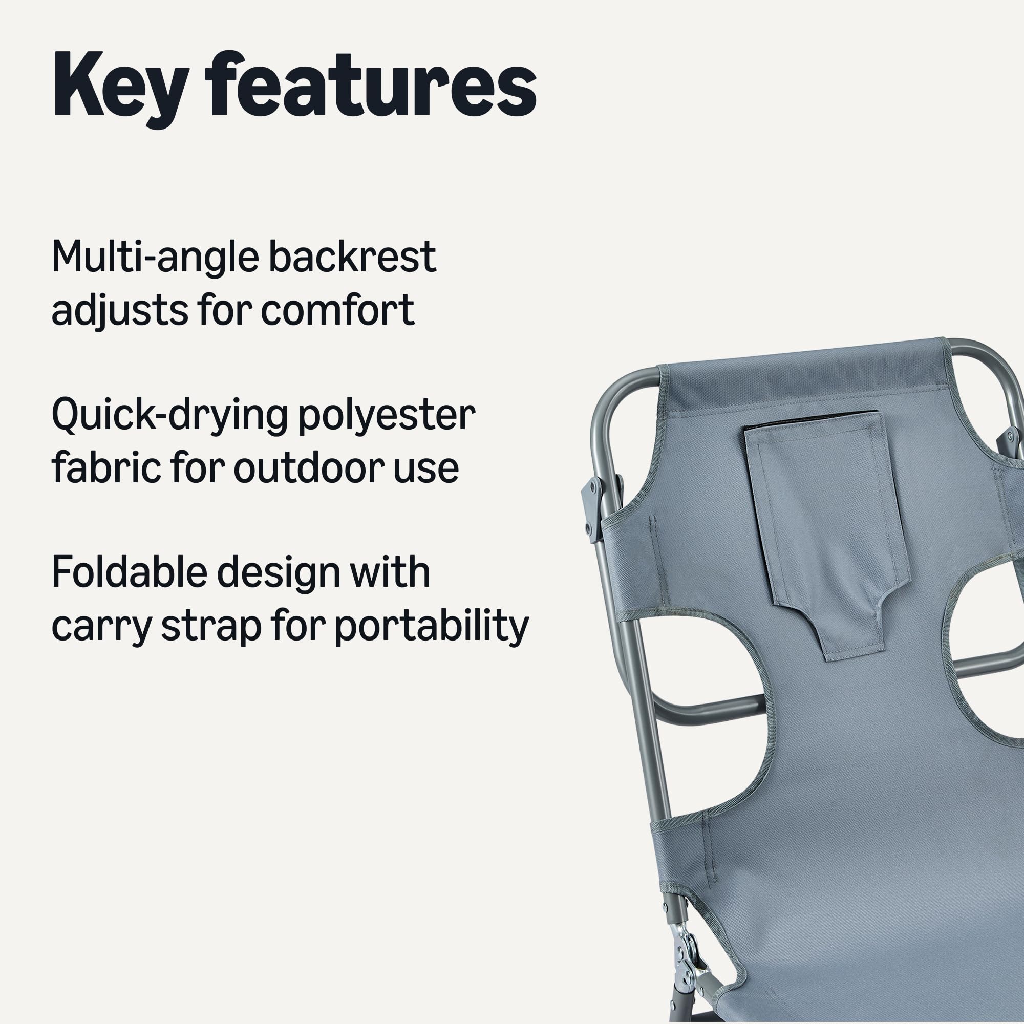 Amazon Basics lounge chair folded compact with carry strap for easy transport
