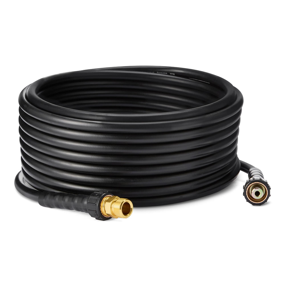 Amazon Basics pressure washer hose front view showing durable build and length benefit