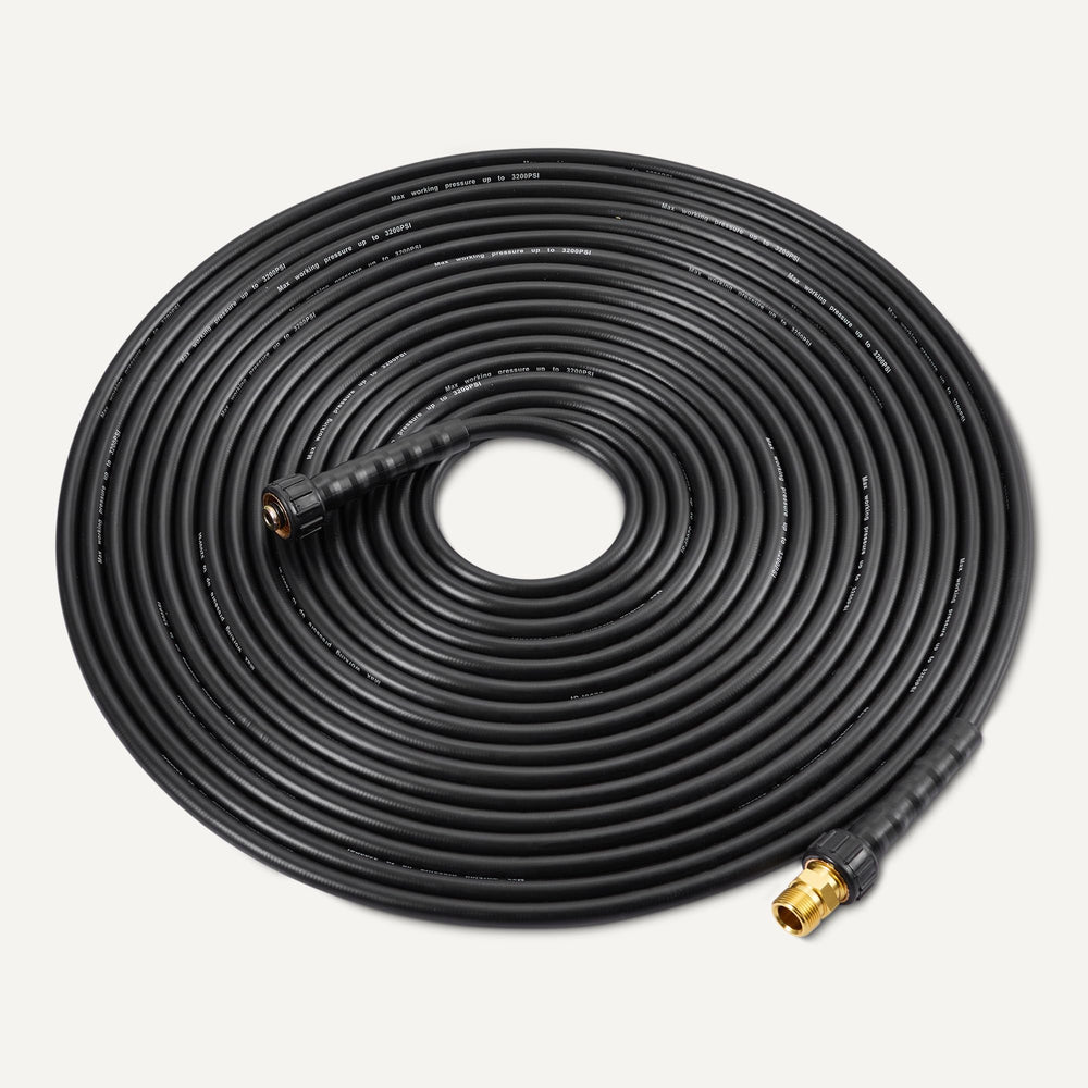 Amazon Basics pressure washer hose beside a person for length and scale clarity