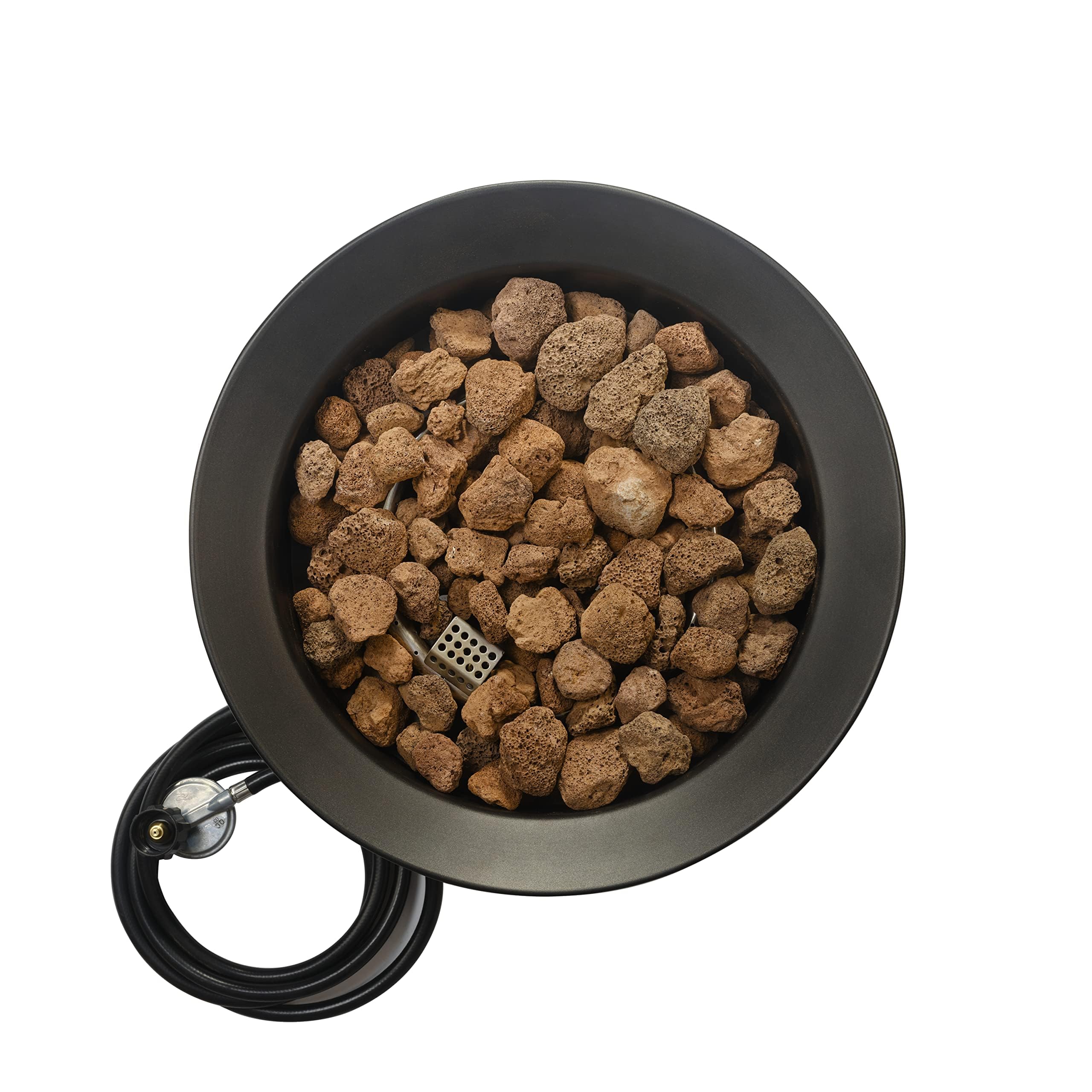 Amazon Basics fire pit beside chair showing 19-inch size and scale