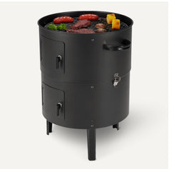 Amazon Basics open smoker with racks of food illustrating efficient multi-rack smoking benefit