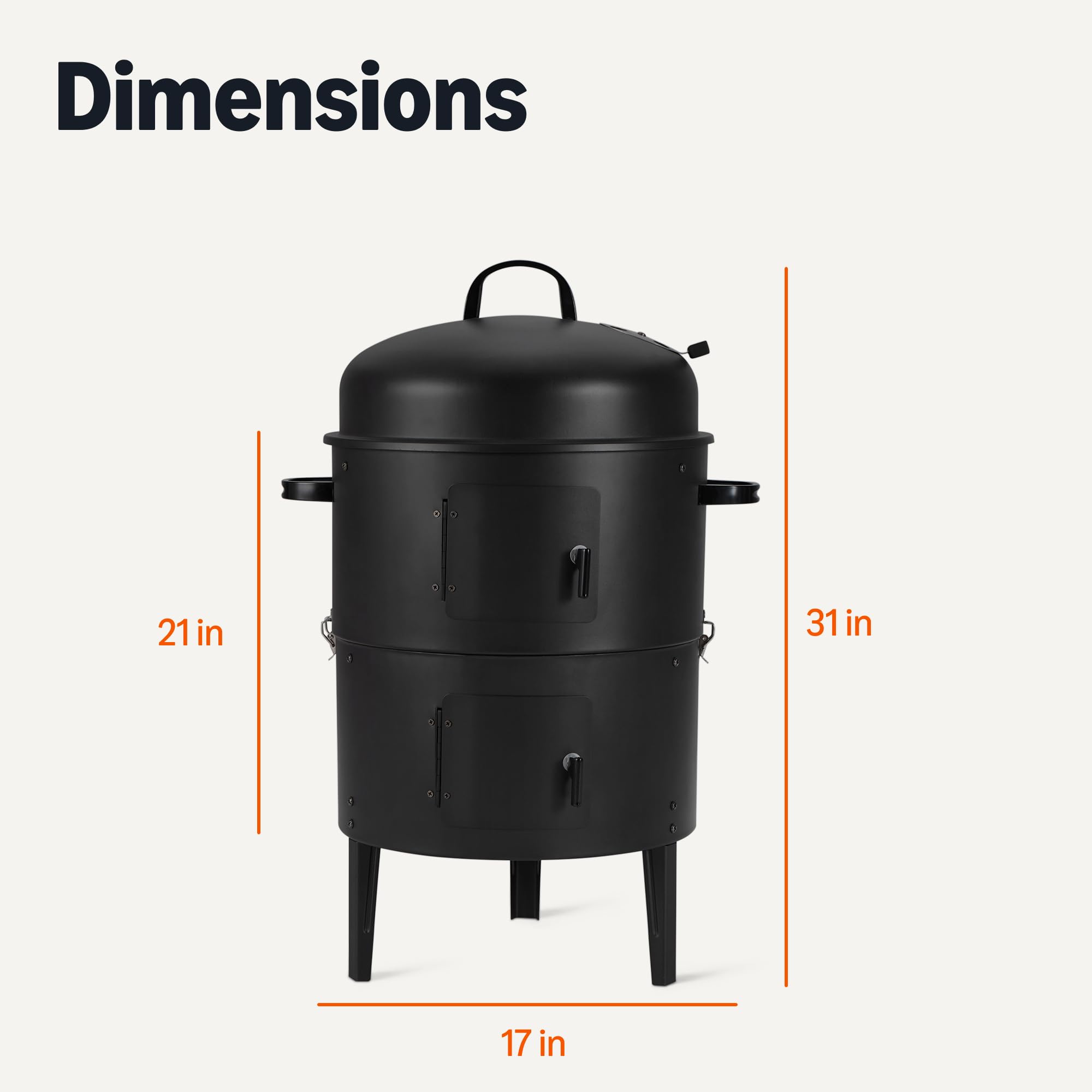 Amazon Basics smoker placed beside chair to show scale and space-saving outdoors benefit
