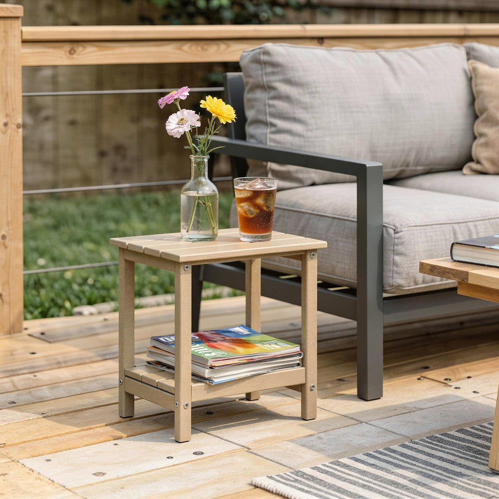 Amazon Basics table in patio setting showing convenience and everyday use