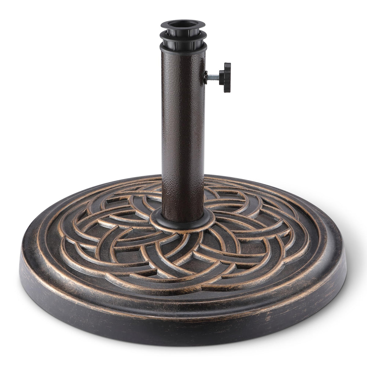 Amazon Basics umbrella stand front view showing compact black base and three holders for a stable setup