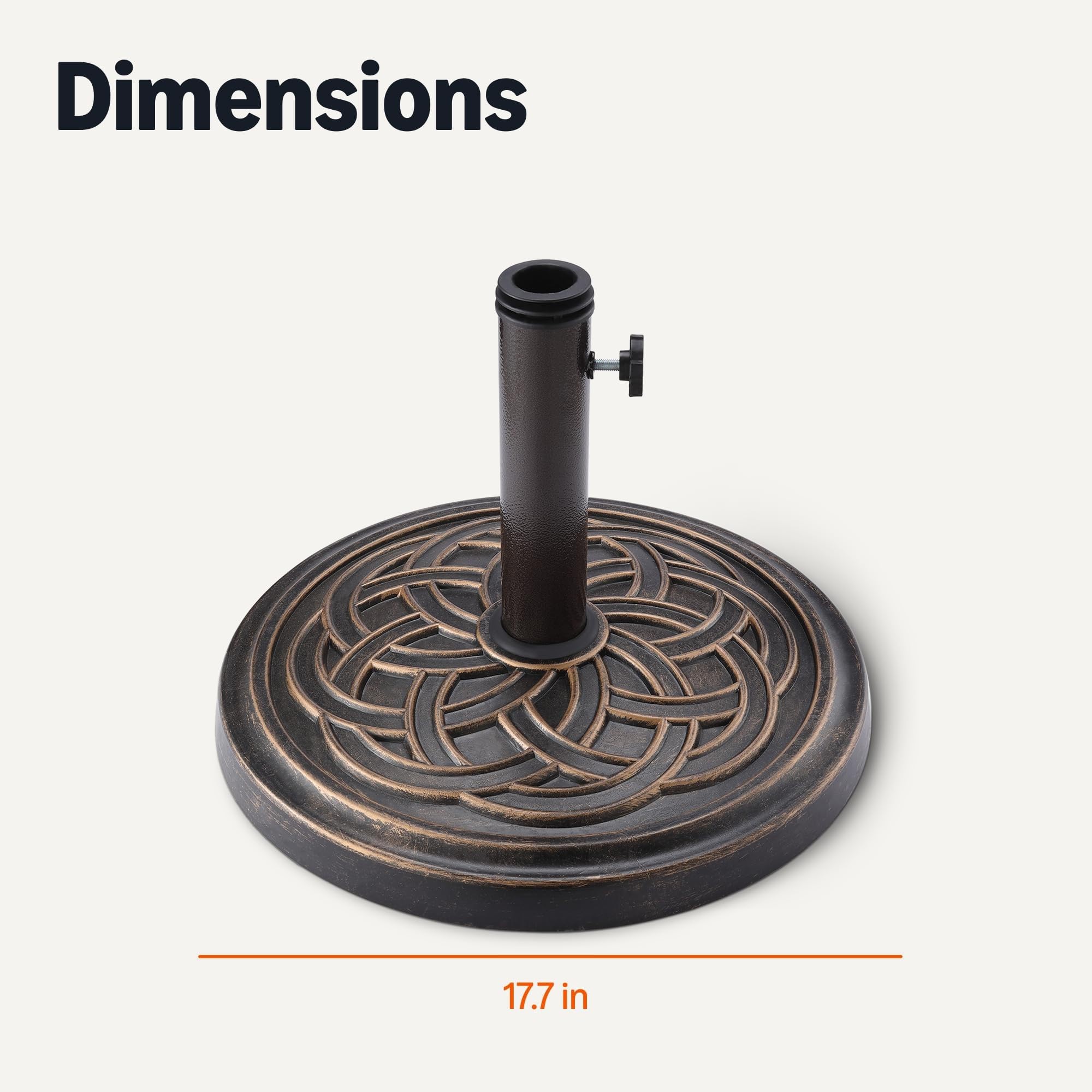 Amazon Basics base next to a patio chair showing 17.7-inch diameter footprint for space planning