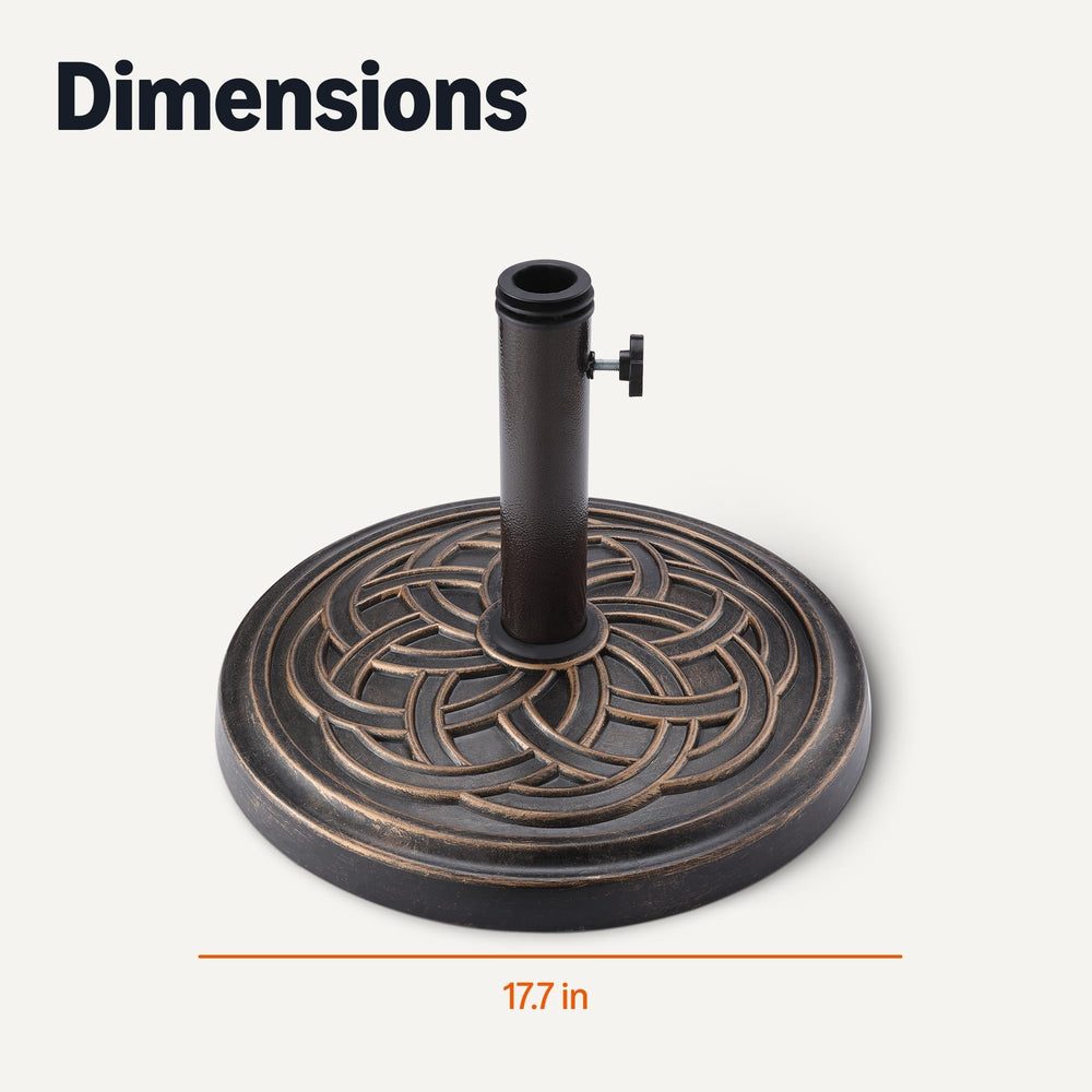 Amazon Basics base next to a patio chair showing 17.7-inch diameter footprint for space planning