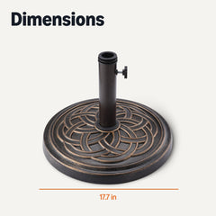 Amazon Basics base next to a patio chair showing 17.7-inch diameter footprint for space planning