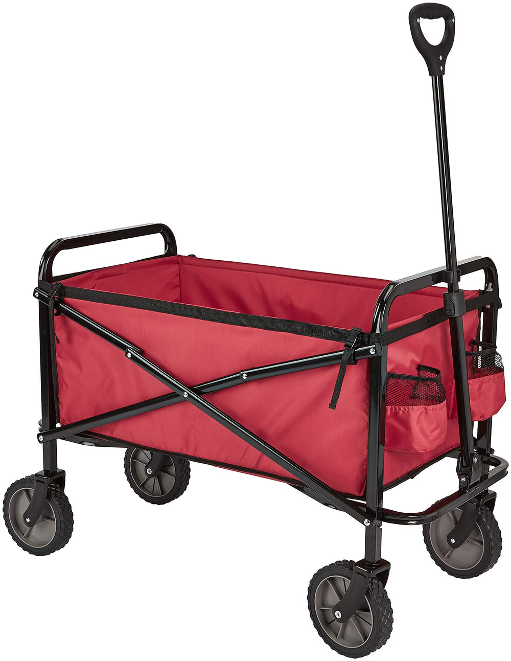 Amazon Basics wagon front view showing red cart and spacious interior benefit hauling gear