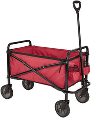 Amazon Basics wagon front view showing red cart and spacious interior benefit hauling gear