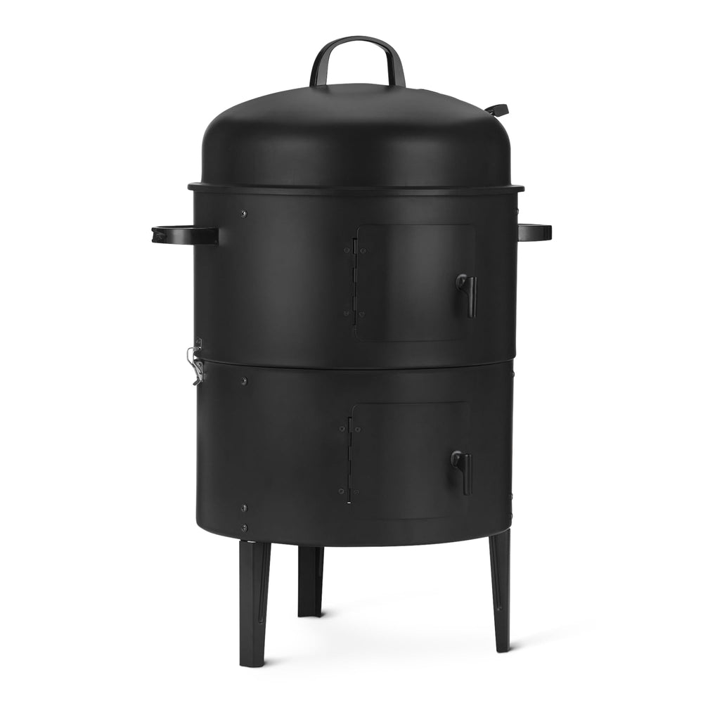 Amazon Basics front view of smoker showing compact design and secure locking benefit