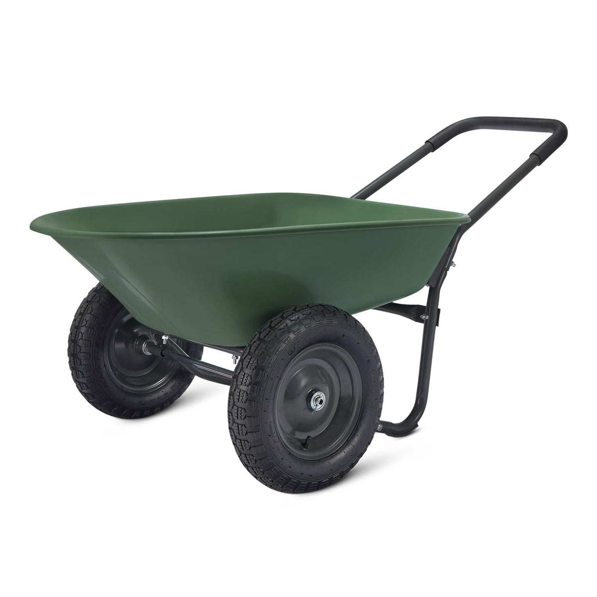 Amazon Basics front view of wheelbarrow showing frame and bucket, for stable hauling
