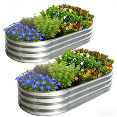 AmazStove front view of two assembled oval galvanized beds showing durable planting area