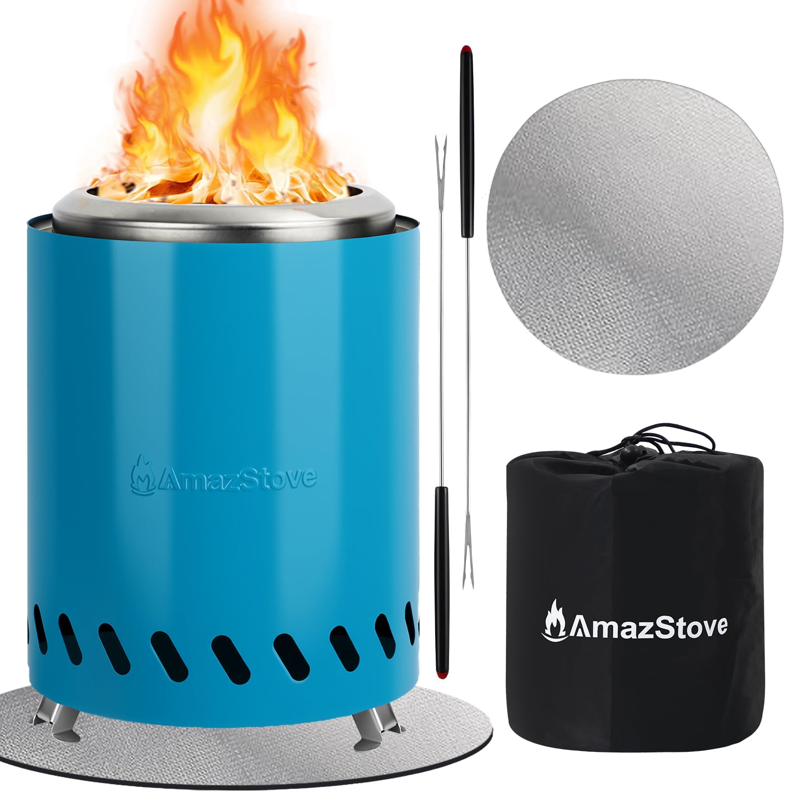 AmazStove front view in blue showing compact tabletop design and portability