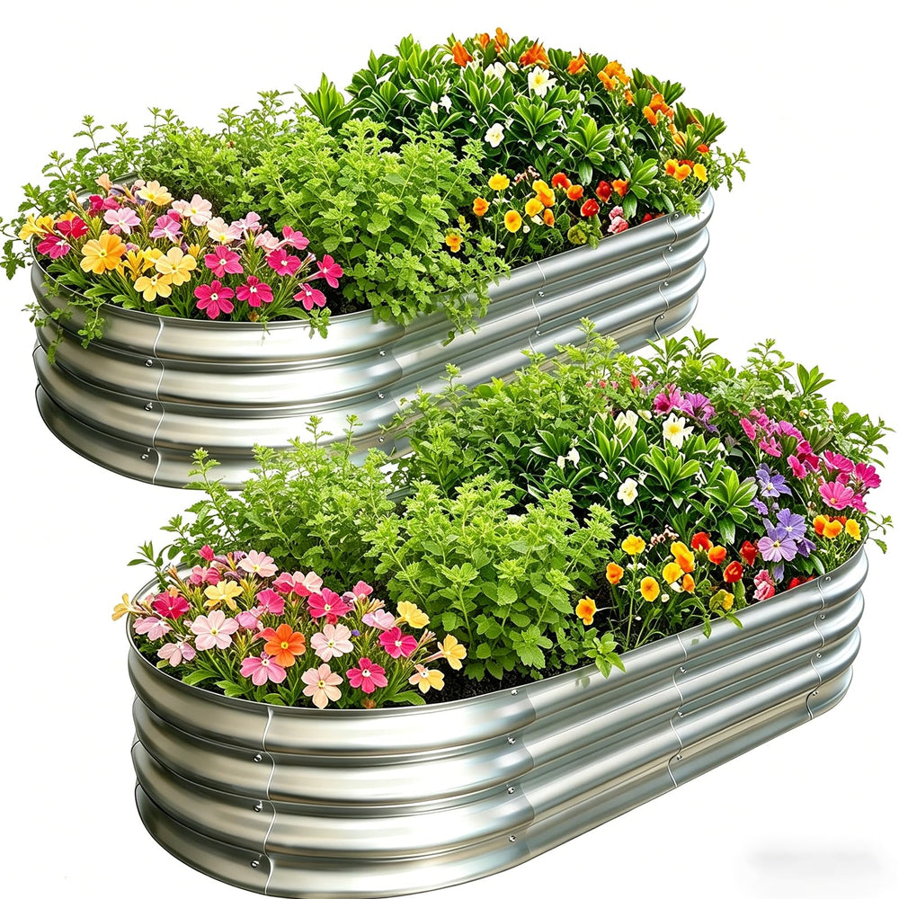 AmazStove front view of oval raised bed showing sturdy galvanized construction and spacious planting area