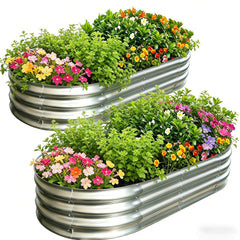AmazStove front view of oval raised bed showing sturdy galvanized construction and spacious planting area