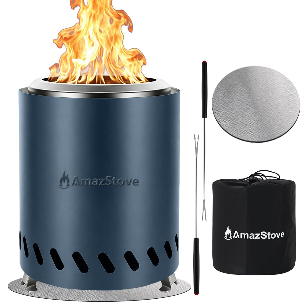 AmazStove front view slate blue showing compact tabletop design and safe containment