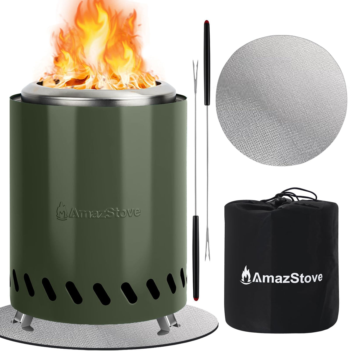 AmazStove front view on table showing compact, safe flame benefit
