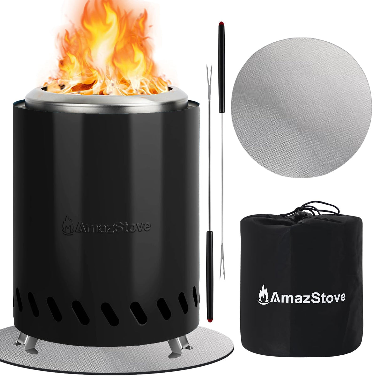 AmazStove front view showing compact tabletop fire pit and clean design benefit