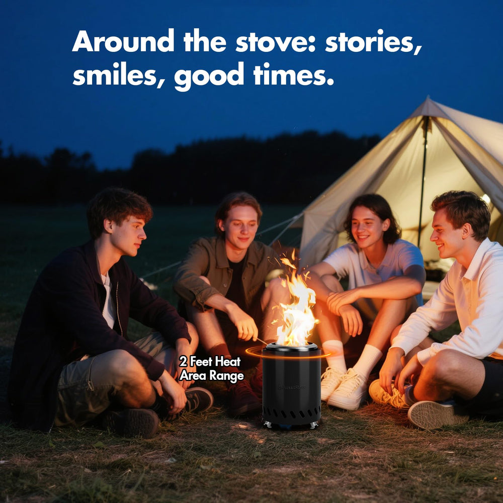 AmazStove on backyard table with friends showing social ambiance benefit