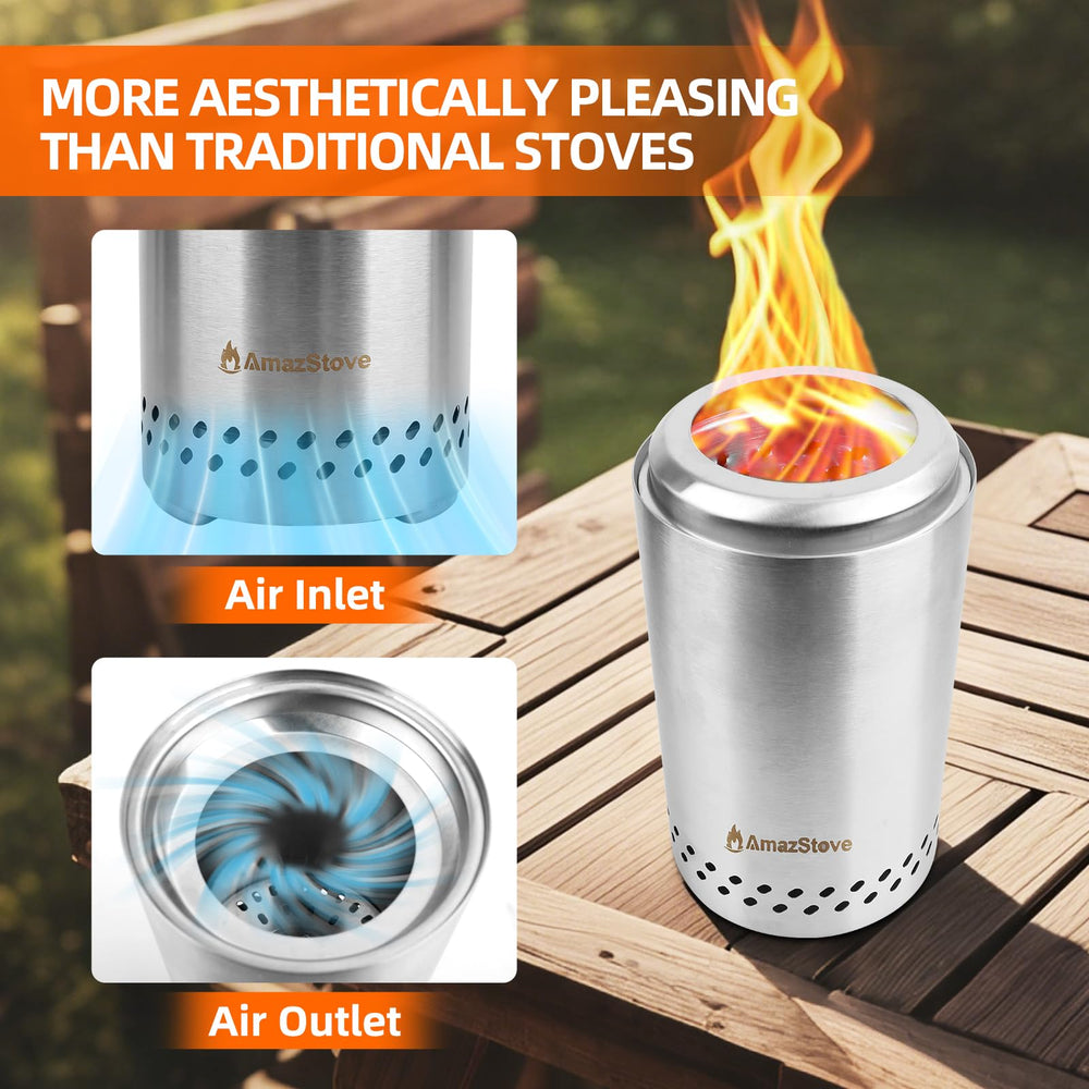 AmazStove with travel bag, mat, and forks displayed for portability and convenience