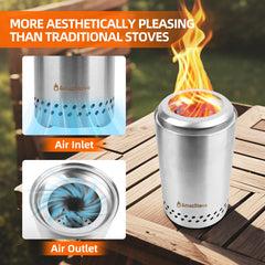 AmazStove with travel bag, mat, and forks displayed for portability and convenience