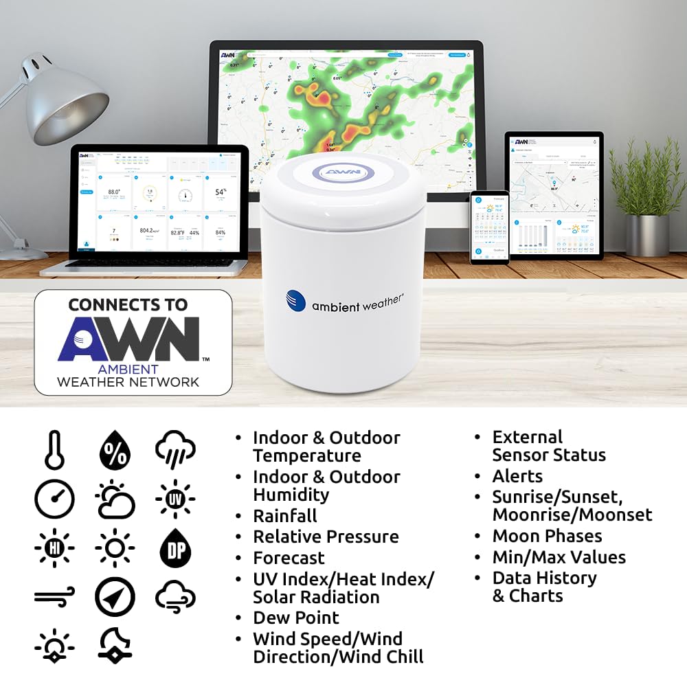 Ambient Weather mounted on pole measuring wind and rain for accurate readings