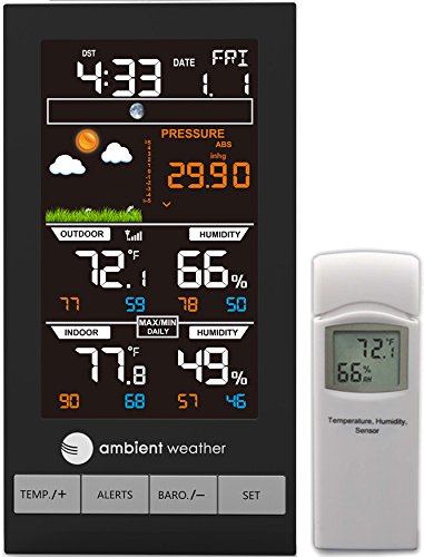 Ambient Weather WS-2801A color console front view showing readable weather display and benefits of quick glance data