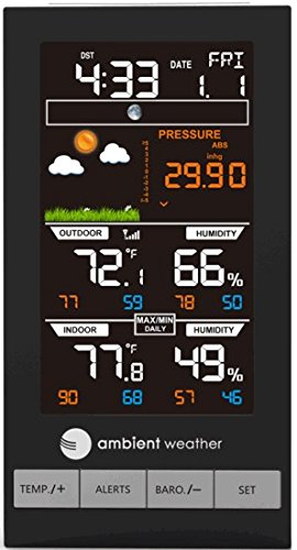 Ambient Weather WS-2801A console held in hand showing scale and the benefit of compact indoor placement