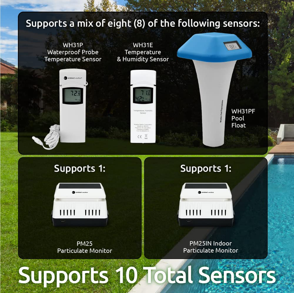 Ambient Weather WS-2902 console beside smartphone showing Wi‑Fi app remote access