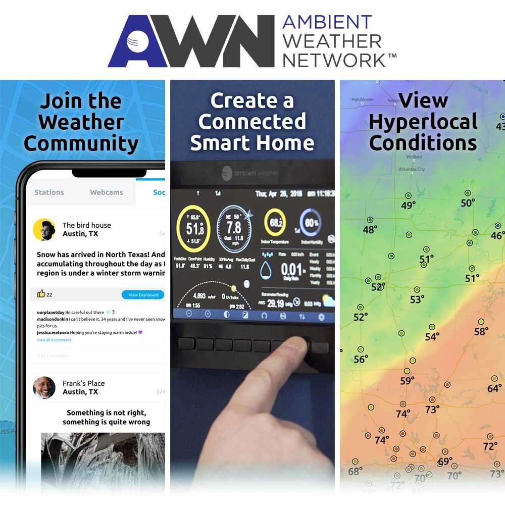 Ambient Weather WS-2902 size comparison with hand illustrating compact outdoor footprint