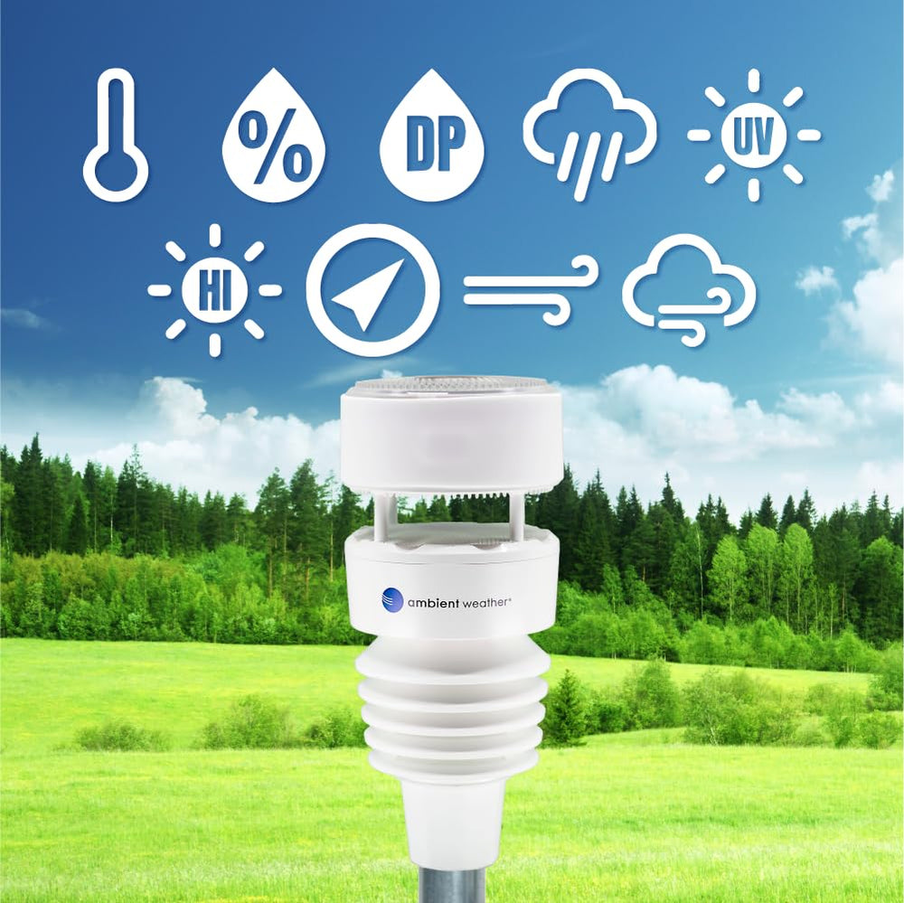 Ambient Weather WS-4000 ultrasonic sensor detail demonstrating maintenance-free wind measurement