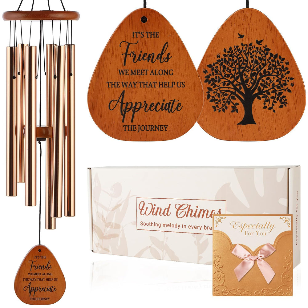 AMBOBE front view of boxed wind chime showing gift-ready packaging and card benefit
