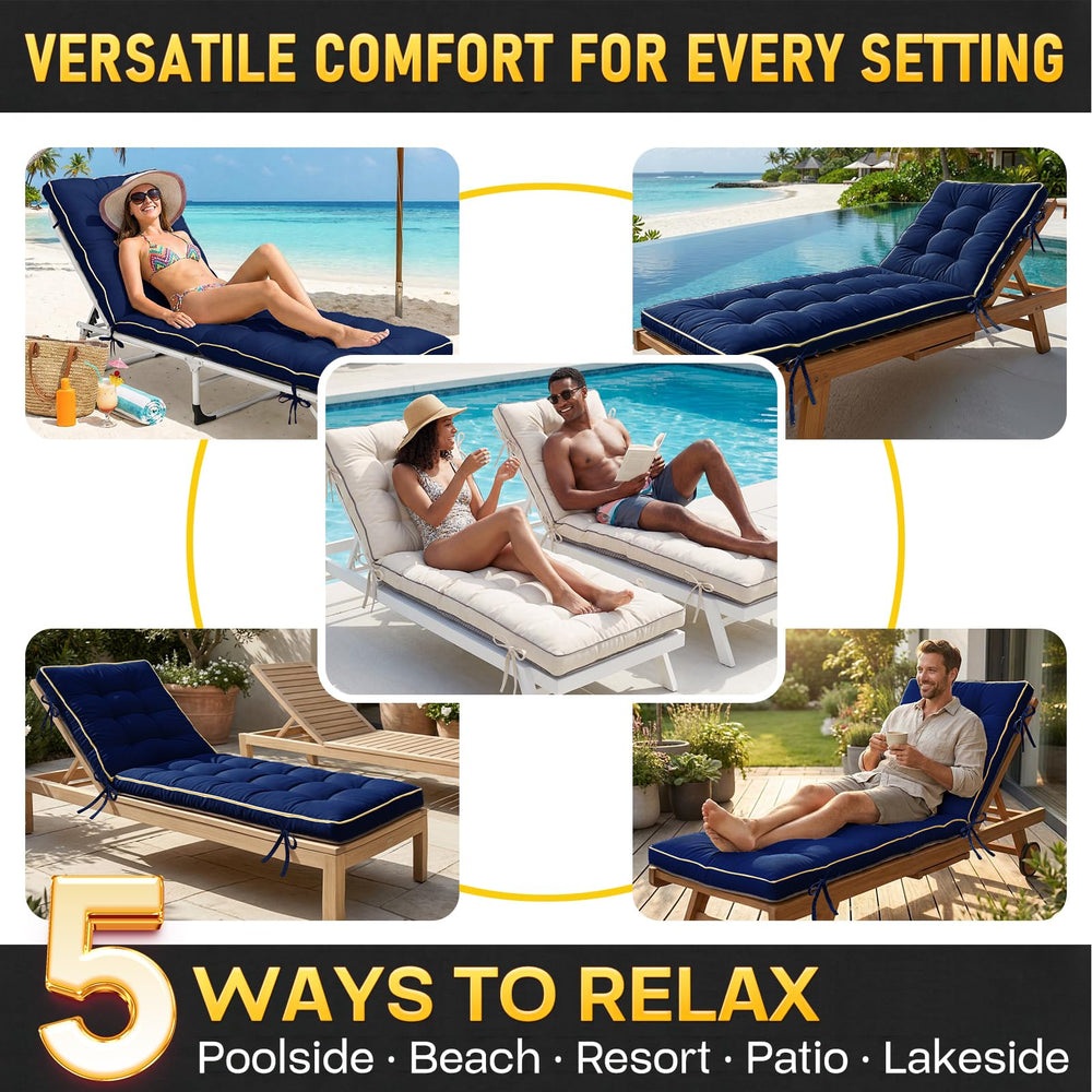AMCATON blue cushion on poolside lounger demonstrating comfort in use