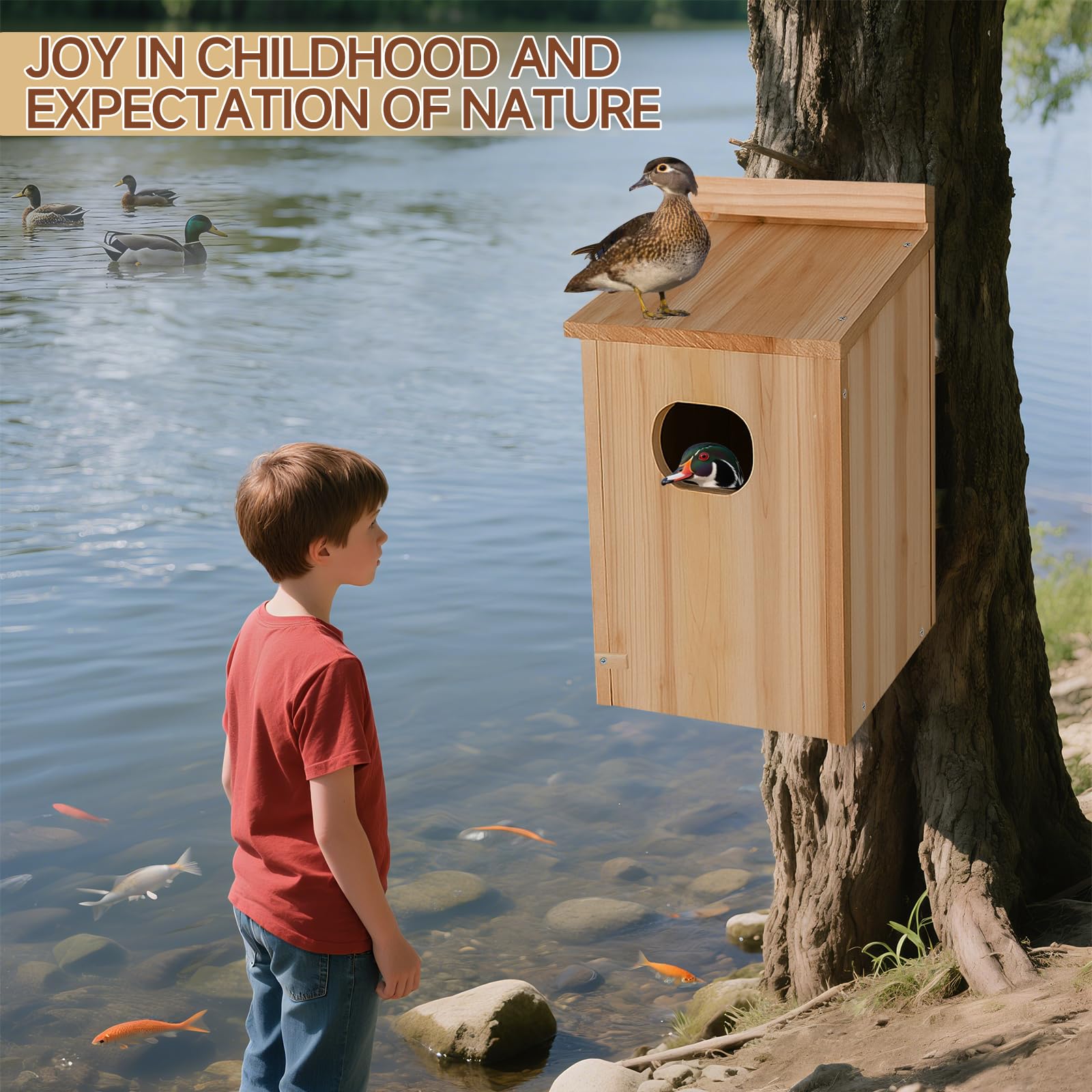 Amcortn duck house mounted on a post over water demonstrating secure installation benefit
