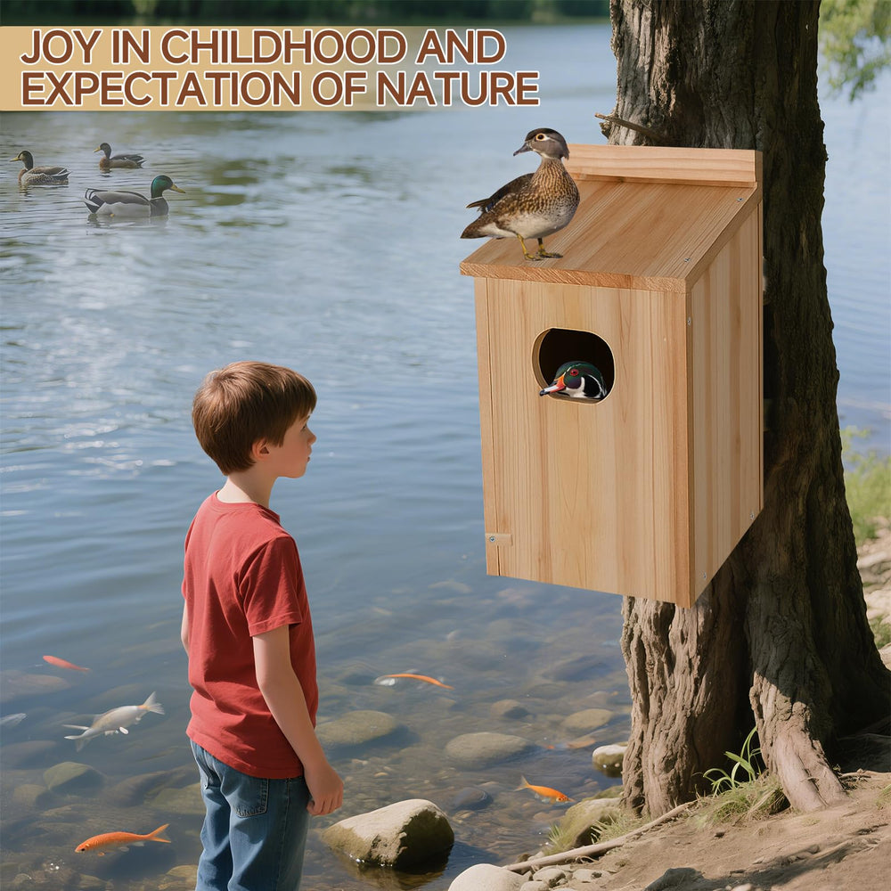 Amcortn duck house mounted on a post over water demonstrating secure installation benefit