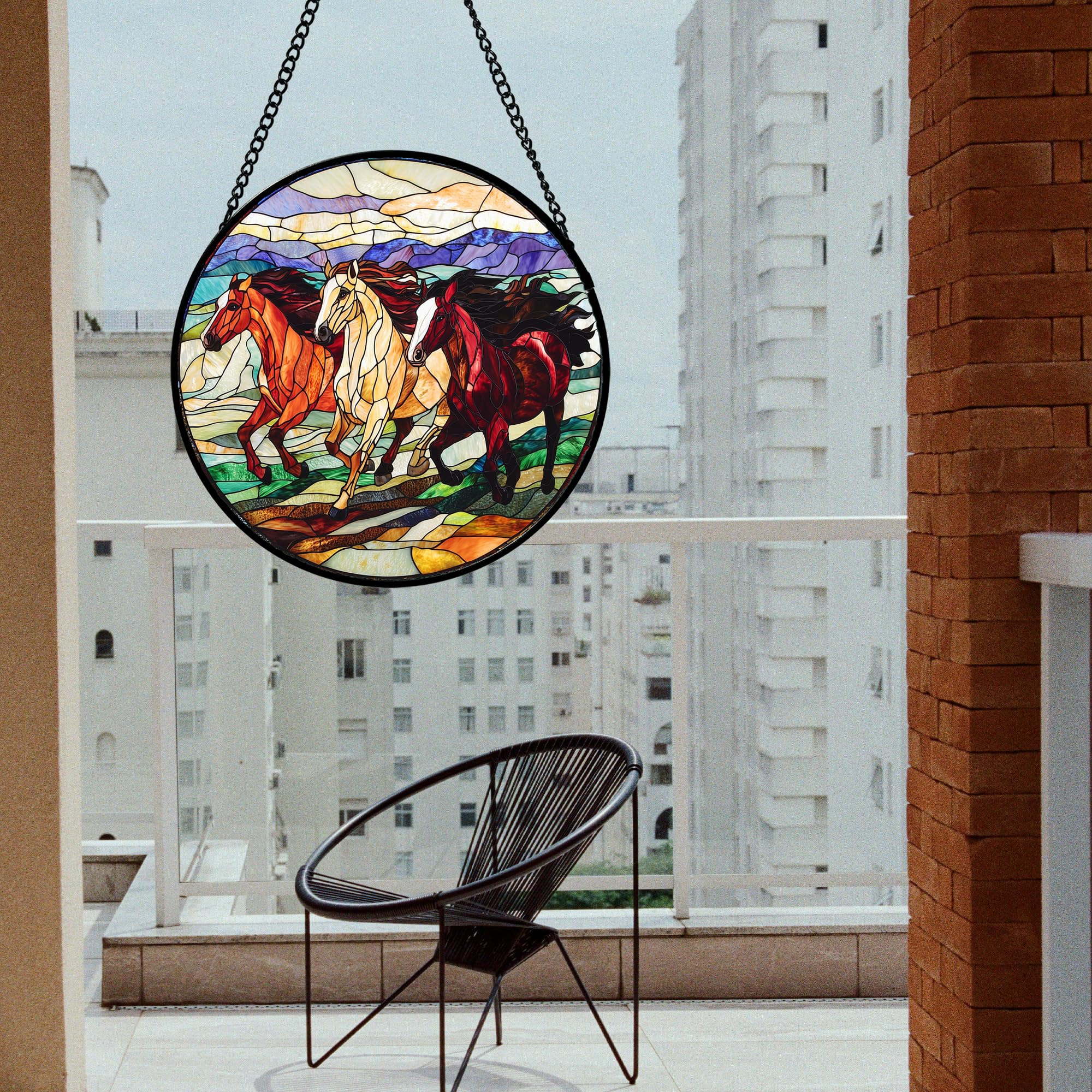 AMDERVEN hanging in window casting colorful light in a bright living room