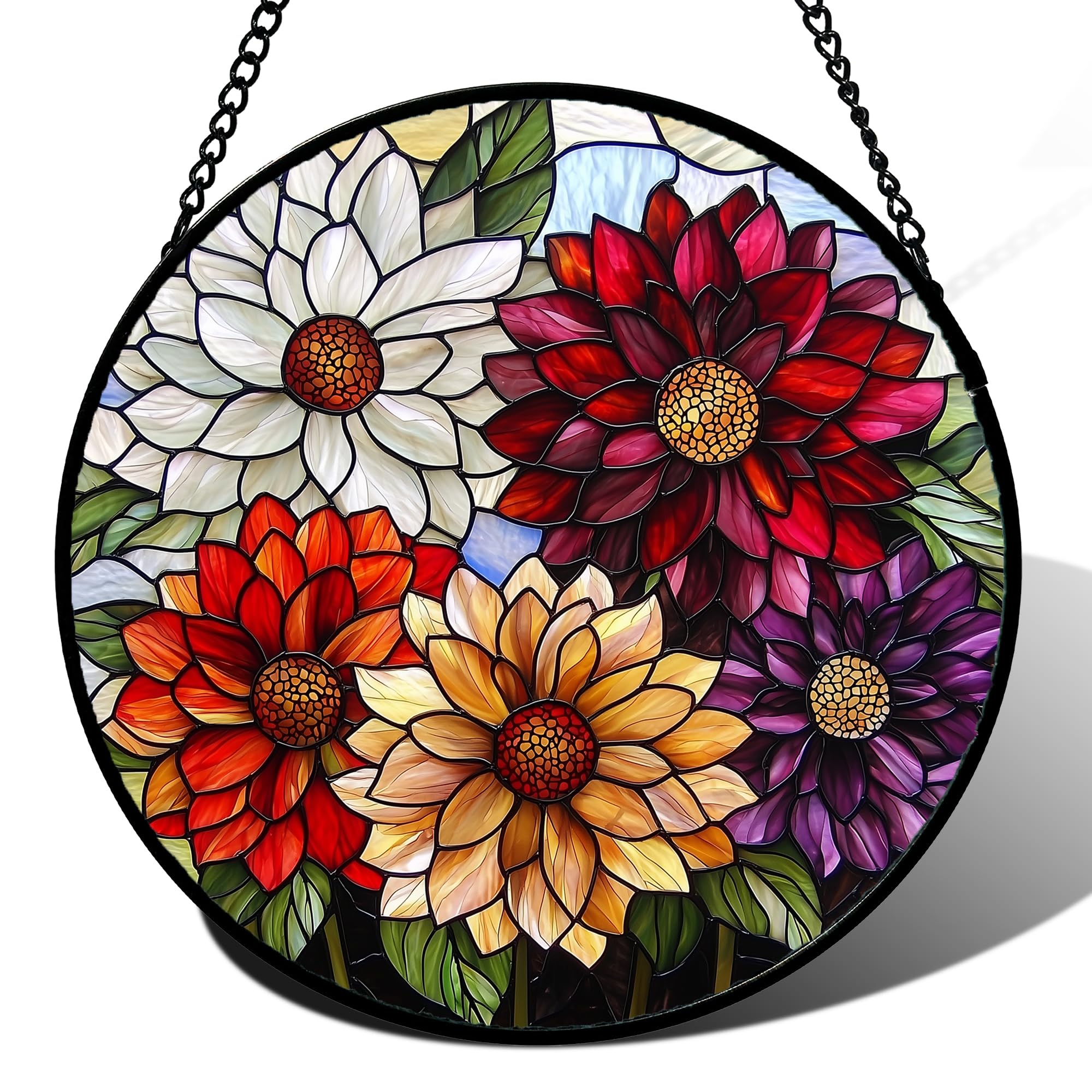 AMDERVEN dahlia front view showing vibrant stained glass and floral design benefits mood
