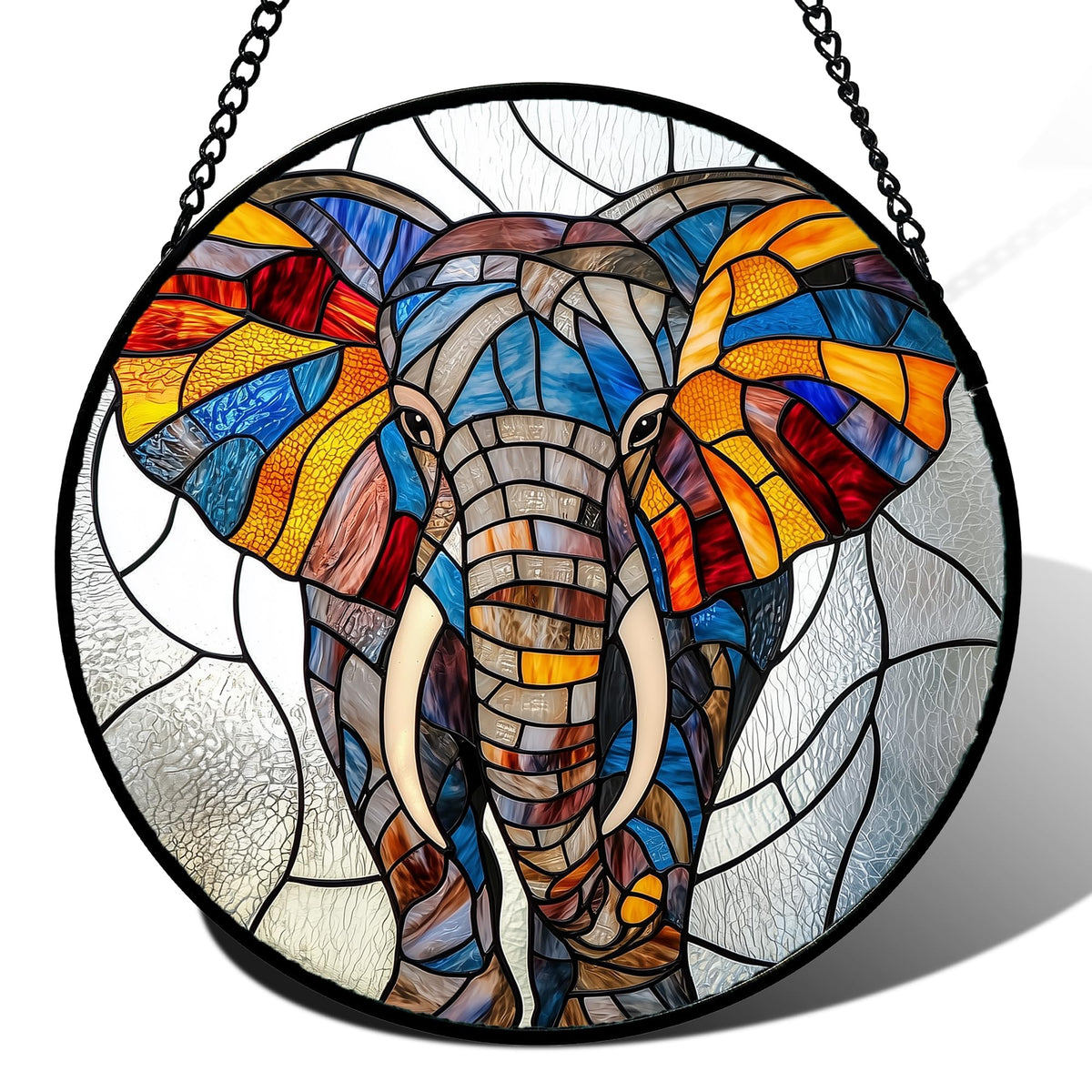 AMDERVEN elephant front view showing colorful stained glass and decorative appeal