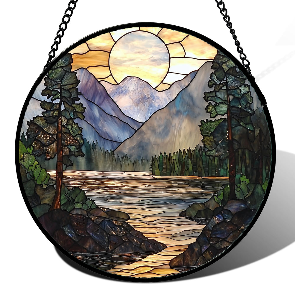 AMDERVEN front view showing mountain lake scene and vibrant colors benefiting room decor