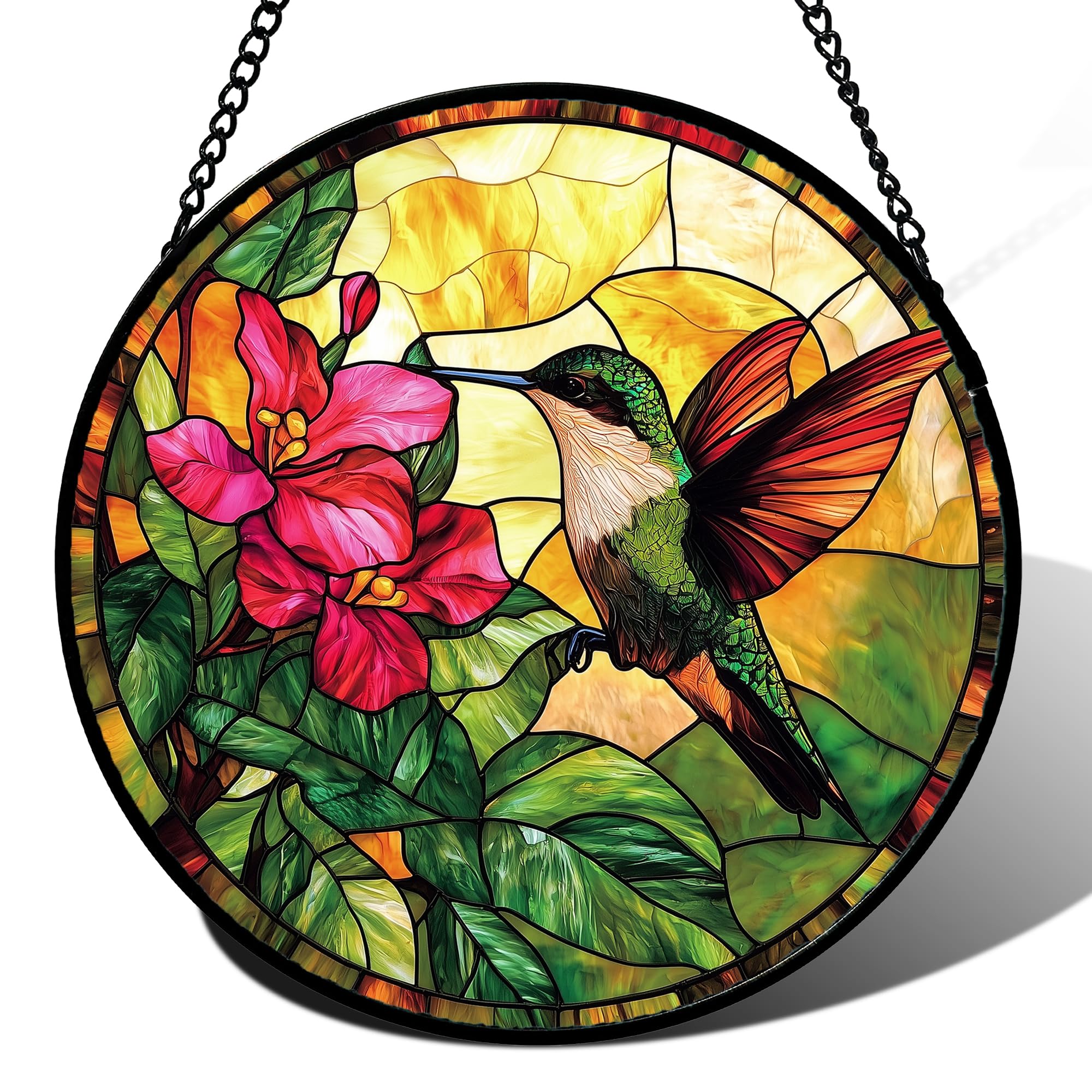 AMDERVEN hummingbird front view showing colorful glass panels and shape benefit: instant focal point