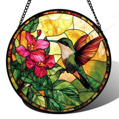 AMDERVEN hummingbird front view showing colorful glass panels and shape benefit: instant focal point