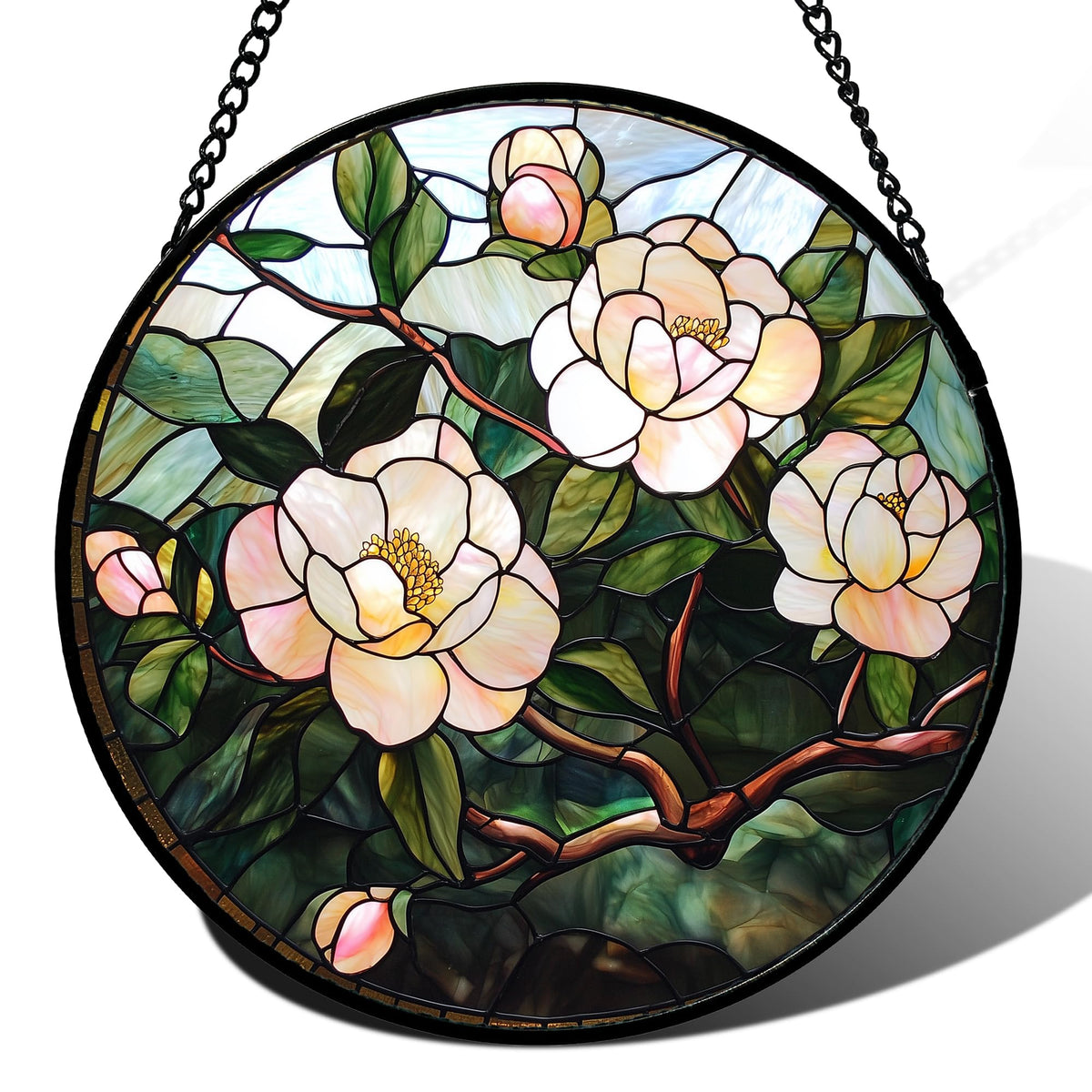 AMDERVEN front view of pink camellia suncatcher showing vivid colors and design benefit