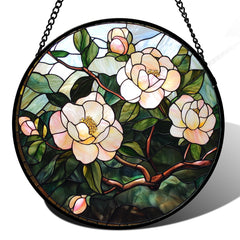 AMDERVEN front view of pink camellia suncatcher showing vivid colors and design benefit